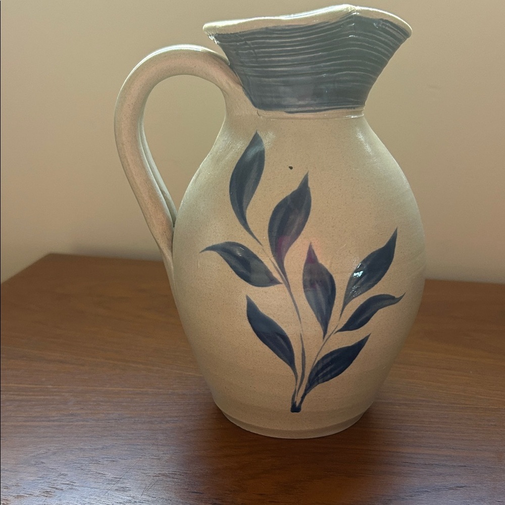 Williamsburg Artisan Ceramic Pitcher with Navy Leaf Design